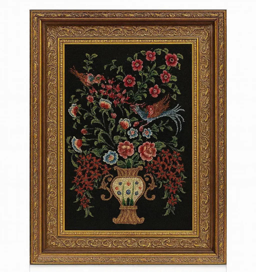 Floral Tapestry Decorative tapestry featuring birds and flowers on a black fabric background Approx. 20" x 28"